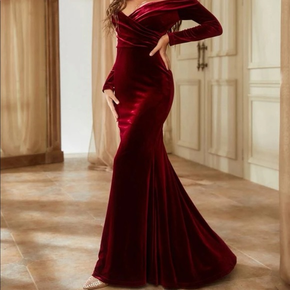 Party evening dress gown velvet long maxi off shoulder sexy burgundy red - Picture 7 of 7